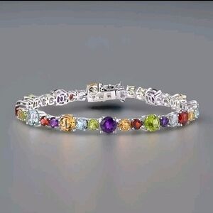 Multi Colored Gemstone 8 Inch Tennis Bracelet In Platinum Plated sterling silver